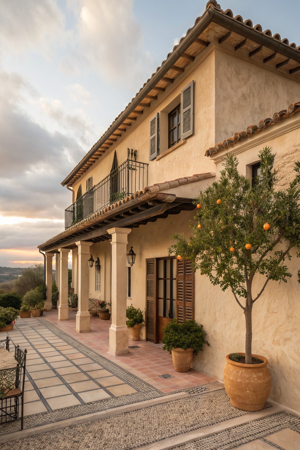 A stucco farmhouse exterior with a tiled roof, shuttered windows, a second-floor balcony, and a covered ground-level patio supported by stone columns, with large terracotta pots holding citrus trees.
