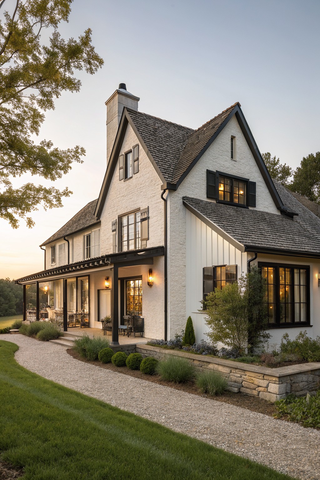 A white European-style farmhouse with black shutters, a dark shingled roof, multiple gables, and a tall stone chimney viewed from a gravel driveway at dusk.