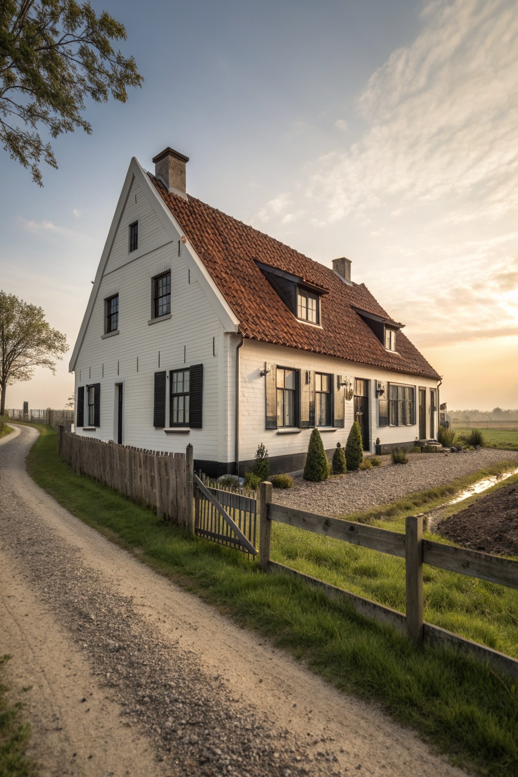 A white two-story farmhouse with a red tiled roof, black shutters on multiple windows, a wooden fence, and a gravel path beside a grassy field at sunset.