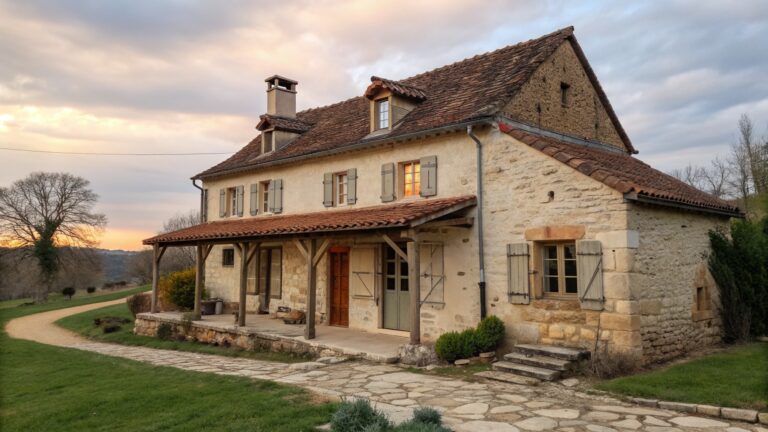 21 Charming European-Inspired Farmhouse Exteriors for Sophisticated Rural Homes A two-story stone house with a terracotta tile roof, wooden shutters, an arched wooden door, and pink climbing roses on the right side.