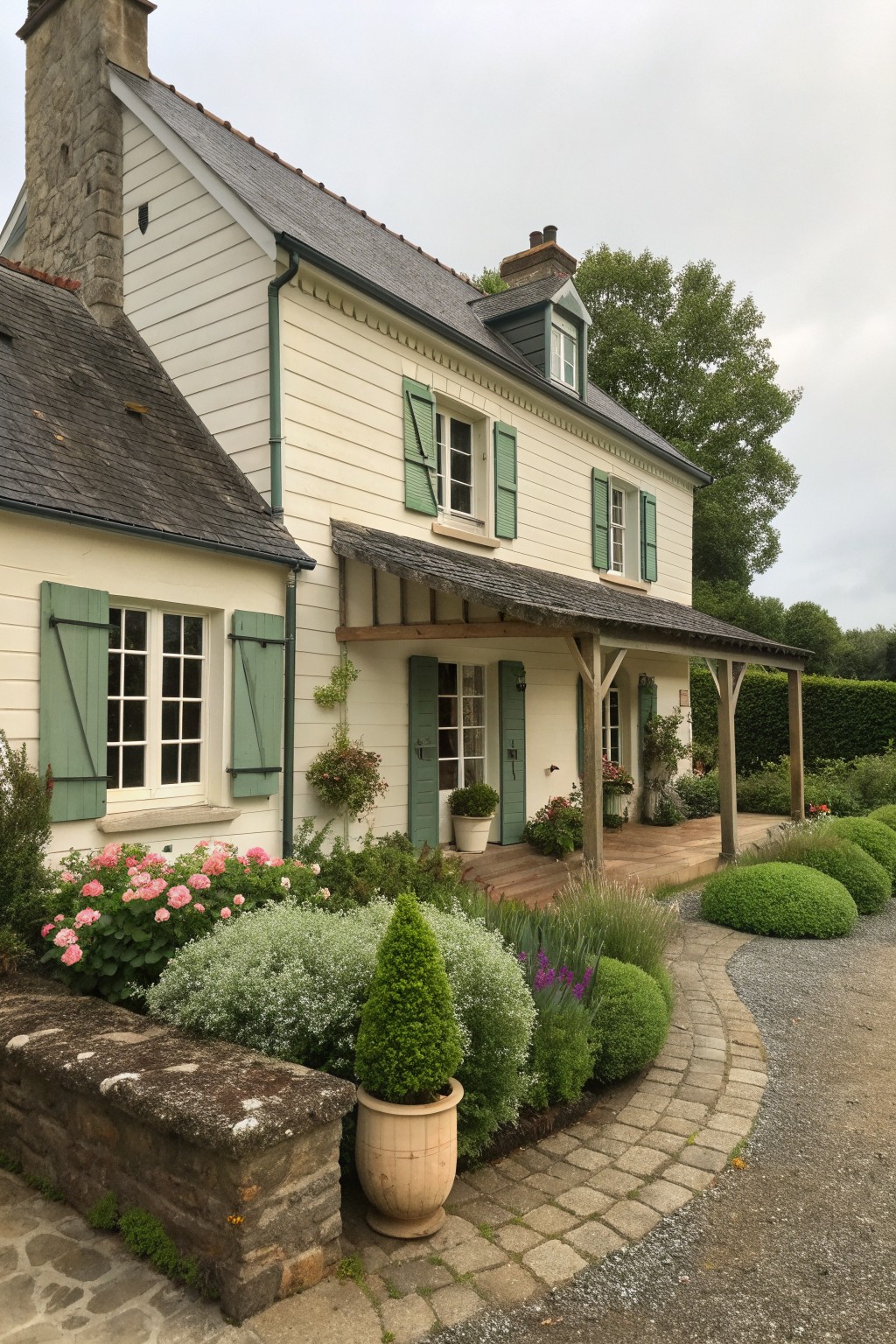 White cottage with green shutters, flower garden, wooden porch and stone path