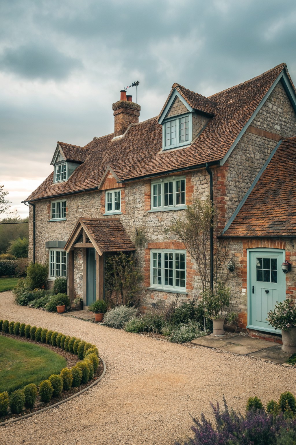Stone cottage with light blue door and windows beside gravel driveway and garden