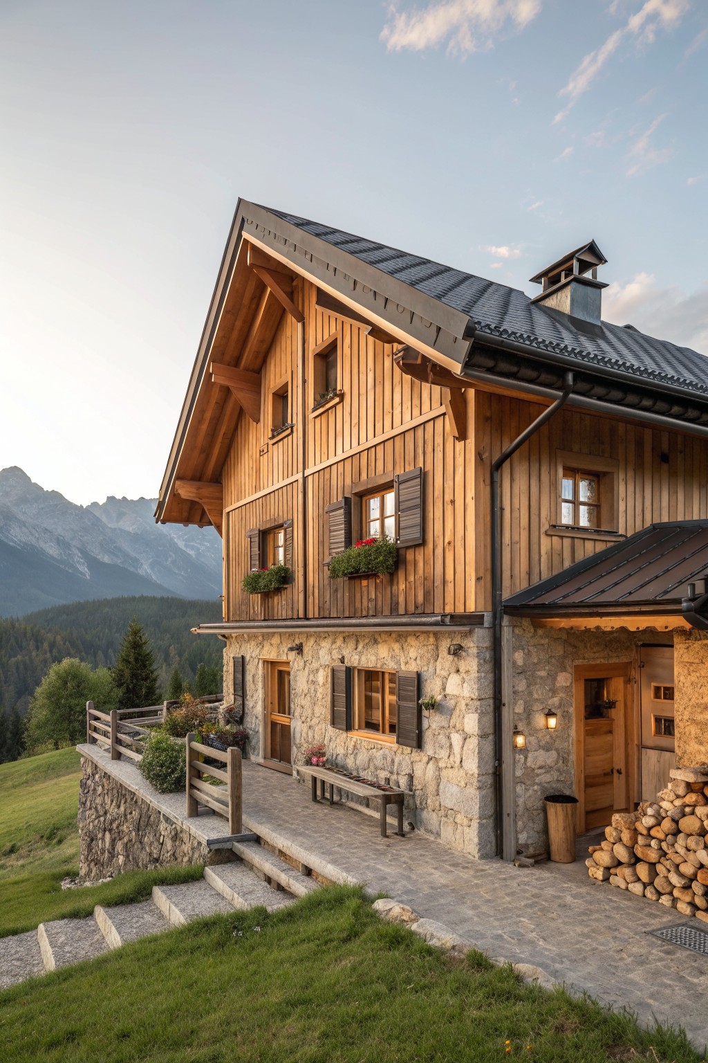A multi-story wooden house with a stone lower level, dark shutters on the windows, and a sloped roof set against mountains.