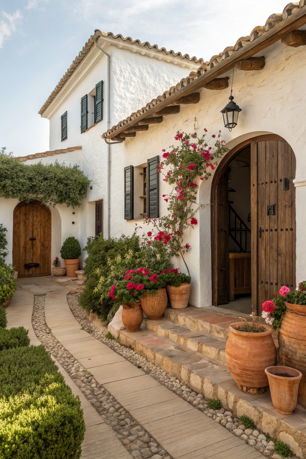 White stucco farmhouse exterior with wooden doors and shutters, stone steps lined with terracotta pots of pink flowers, and a climbing rose beside the open arched entry.