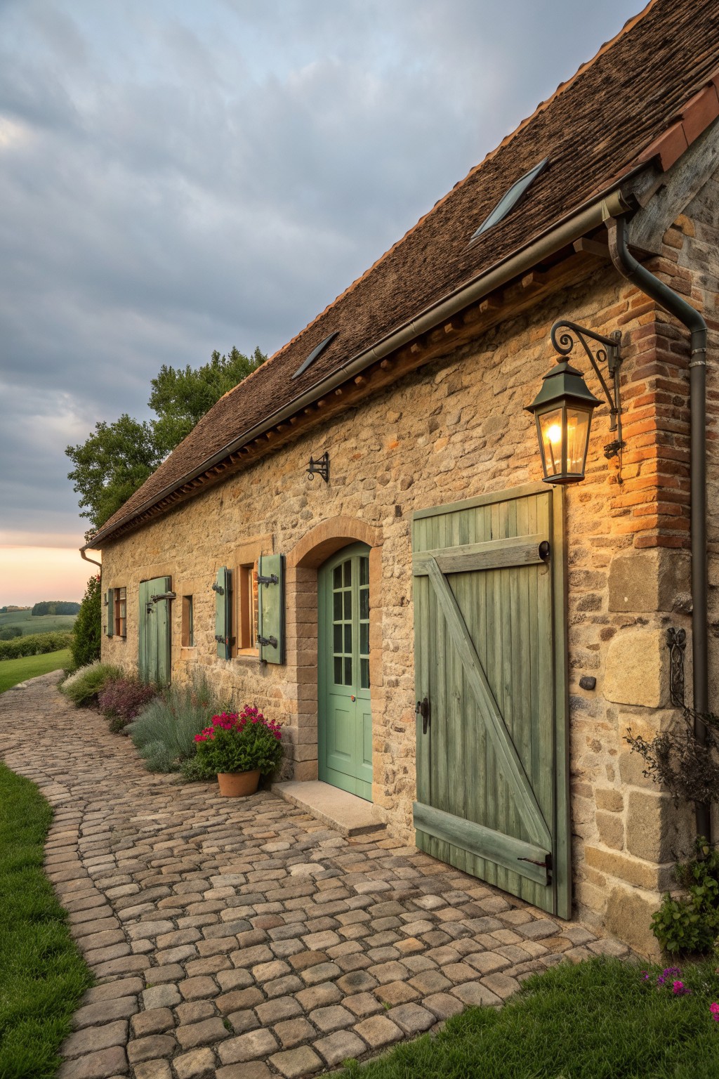 Stone farmhouse exterior with green wooden doors and shutters beside a cobblestone path.