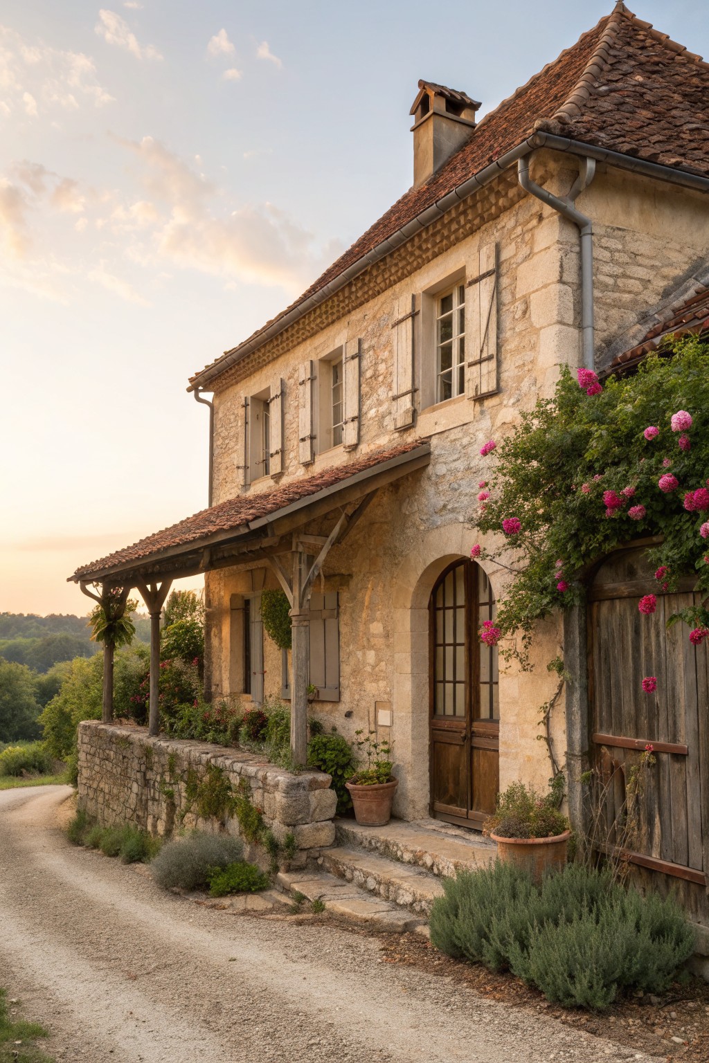 A two-story stone house with a terracotta tile roof, wooden shutters, an arched wooden door, and pink climbing roses on the right side.