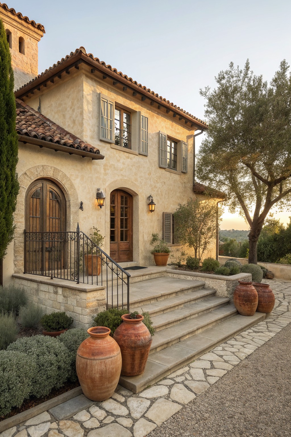 Mediterranean villa with stone steps, terracotta pots, wooden doors, and tiled roof.