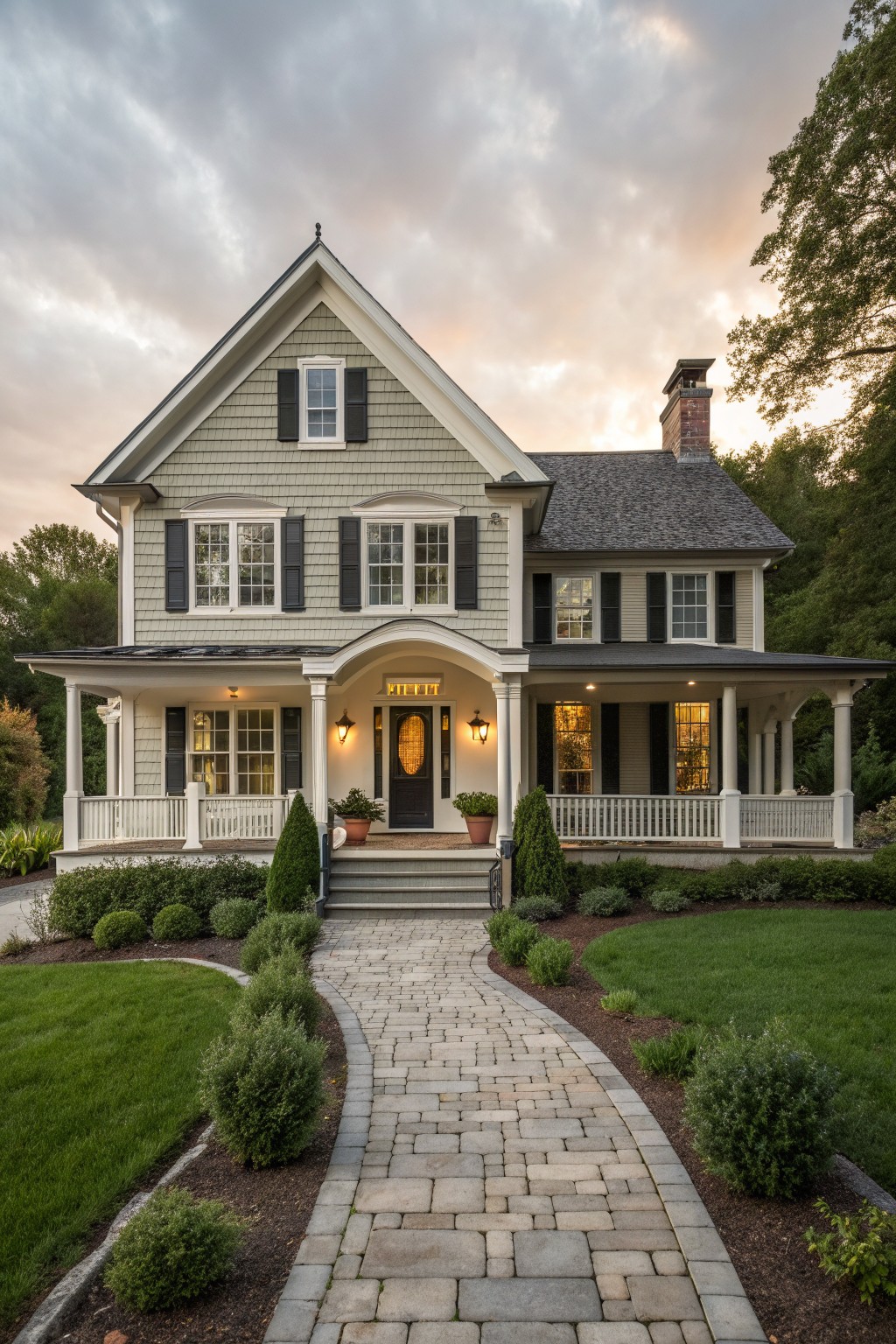 Two-story light green house with white porch, steps, and cobblestone pathway in garden