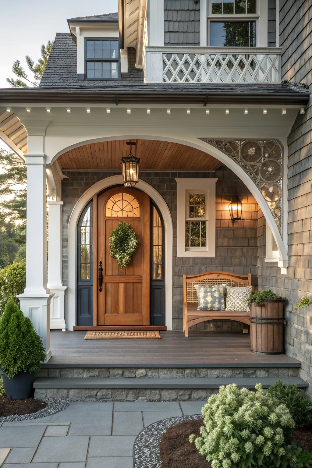 Front porch of a Victorian farmhouse showing an arched entry over a wooden door with a wreath, a hanging lantern, and a wooden bench with pillows to the right.