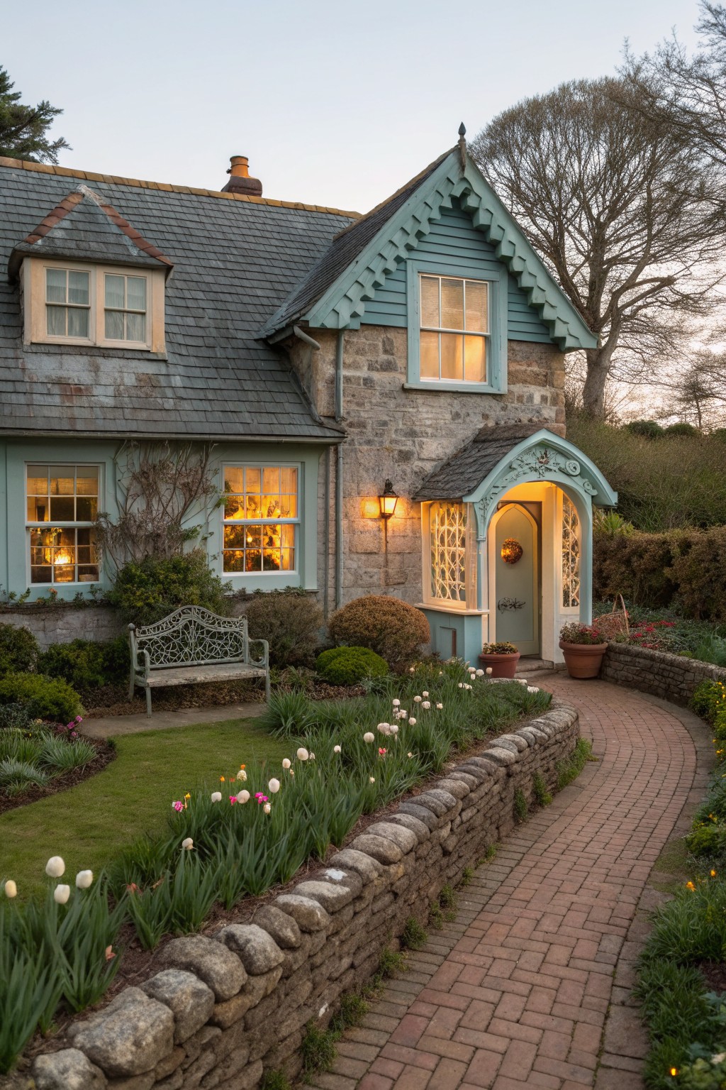 A stone Victorian farmhouse exterior with light blue trim, an arched entryway lit from within, a brick walkway, and a front garden with flowers and a bench.