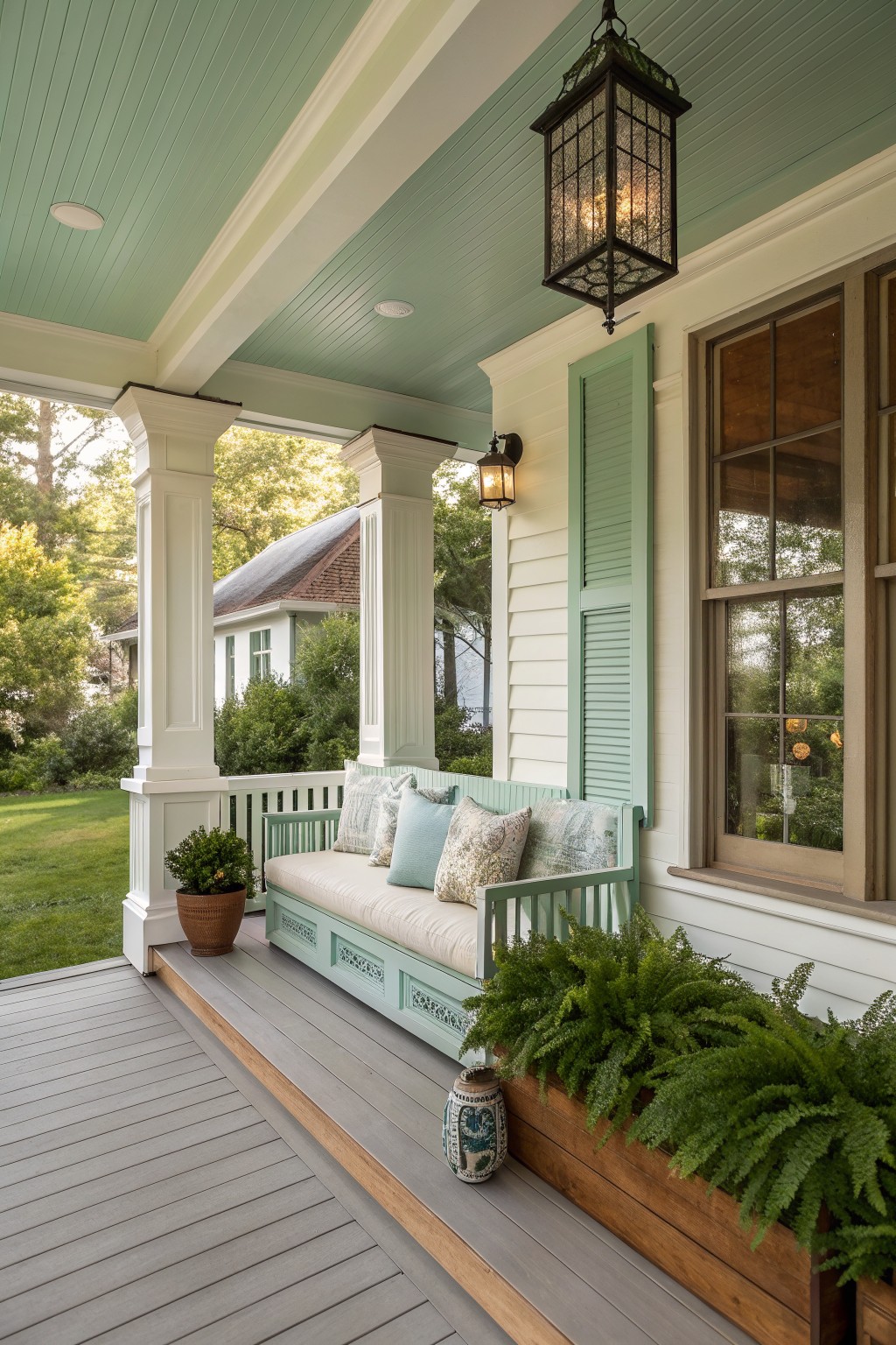 Light green porch with cushioned bench, pillows, lanterns, and potted ferns.