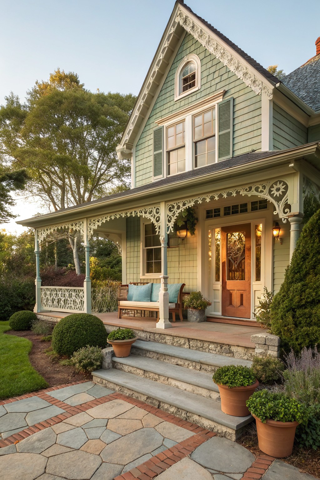 A light green Victorian farmhouse with white ornate trim along the porch and gables, a wooden front door, and stone steps with potted plants.