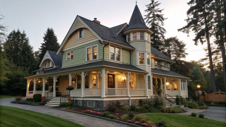 A pale yellow Victorian farmhouse with dark gray roofing, a prominent turret topped with a weathervane, and a large wrap-around porch lined with white railings and flower boxes.