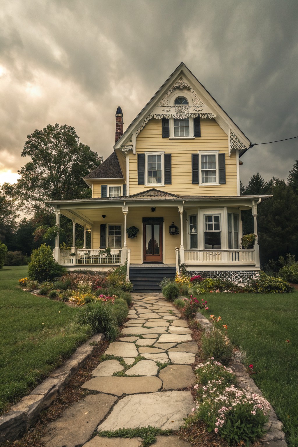Yellow Victorian house with wrap-around porch, stone path, and flower gardens under clouds