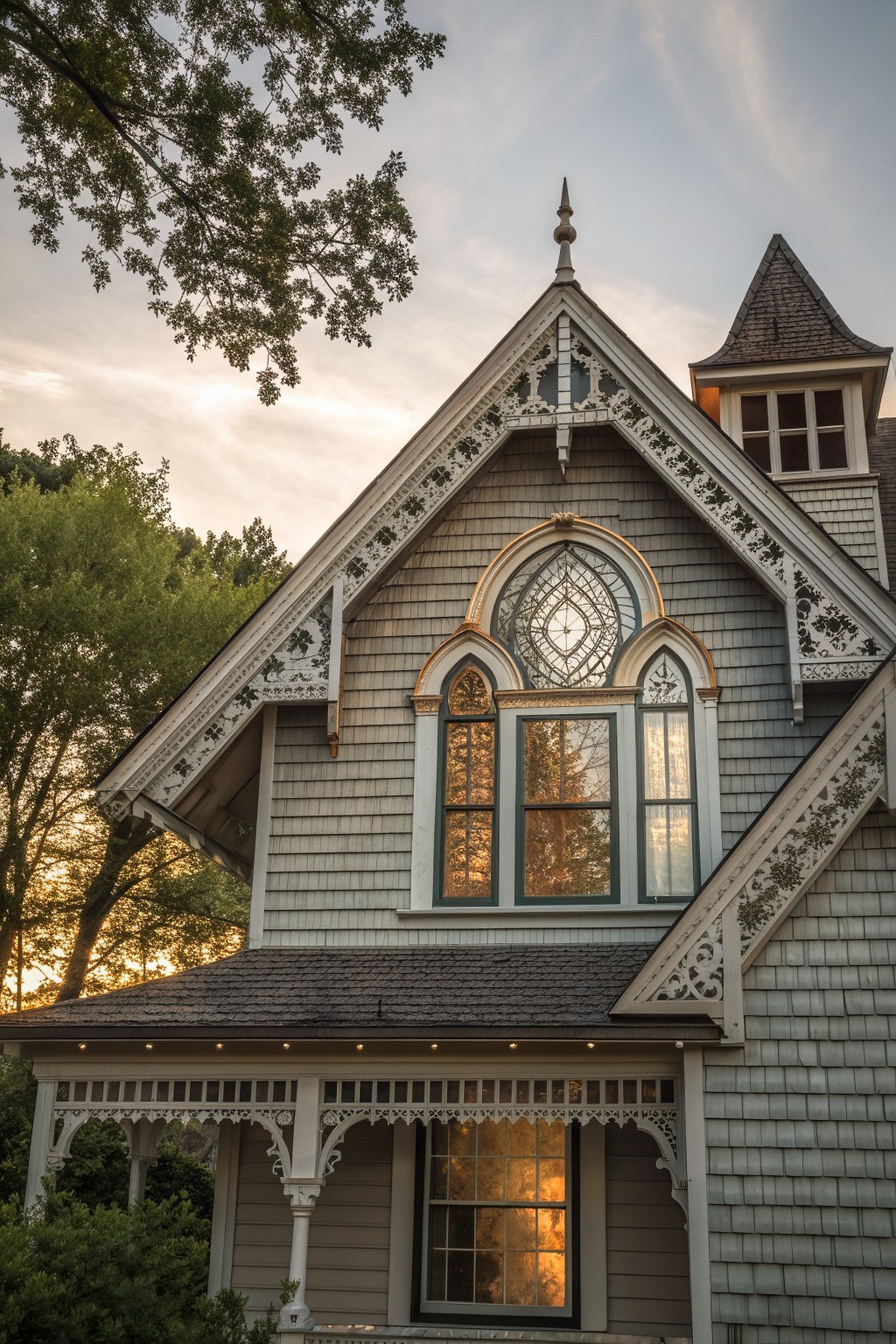 Ornate Victorian house with arched windows, gingerbread trim, and porch lights at dusk