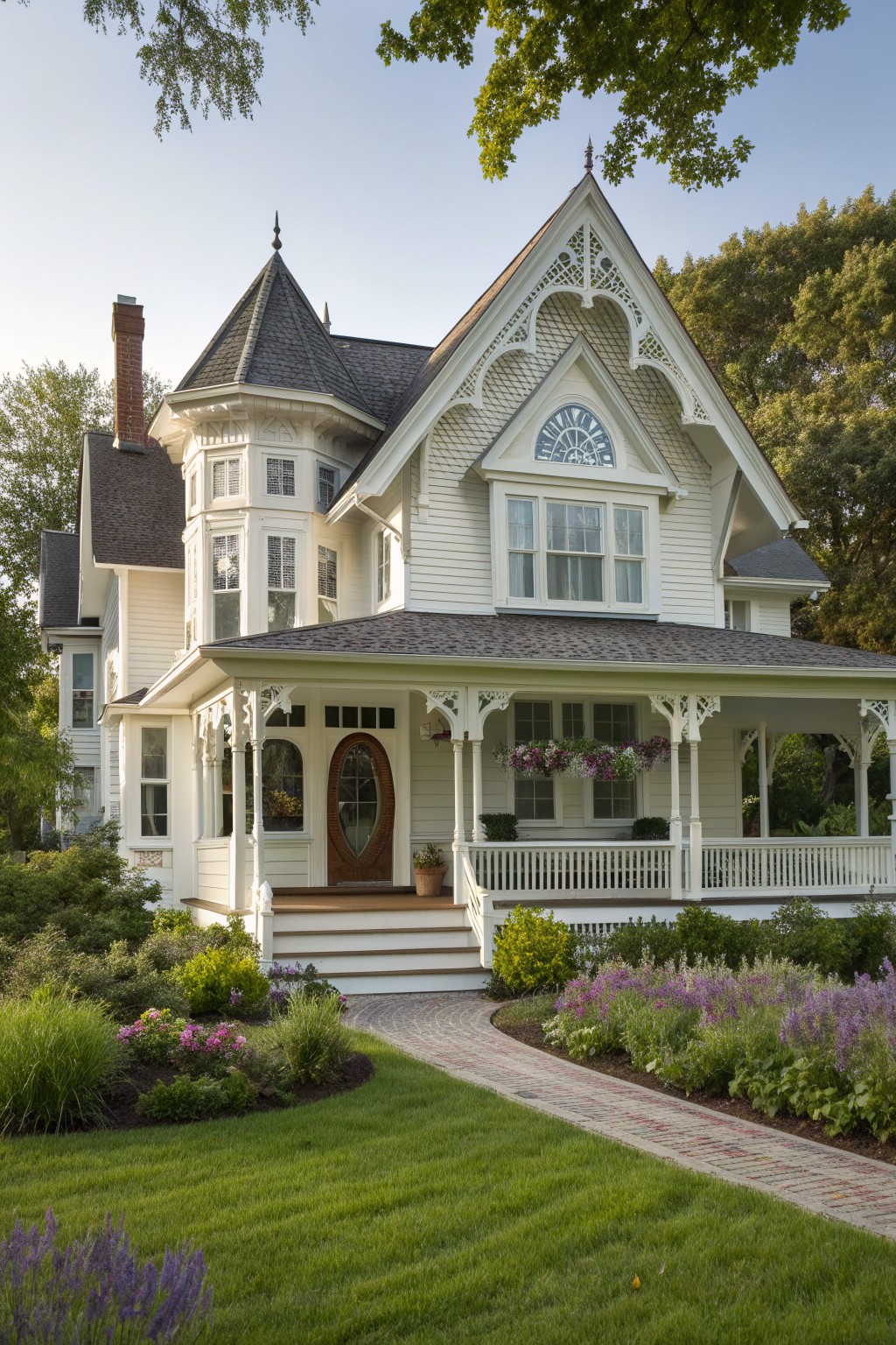 A white Victorian farmhouse with a steep gabled roof, decorative white trim, a turret, and a wrap-around porch set in a landscaped garden.