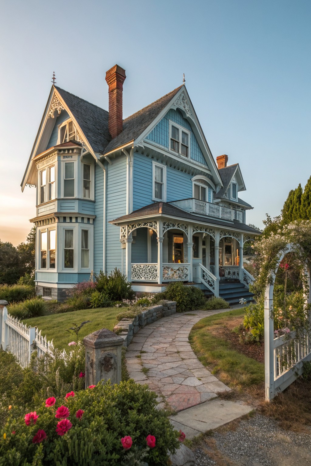 Light blue Victorian house with ornate porch and stone path through garden