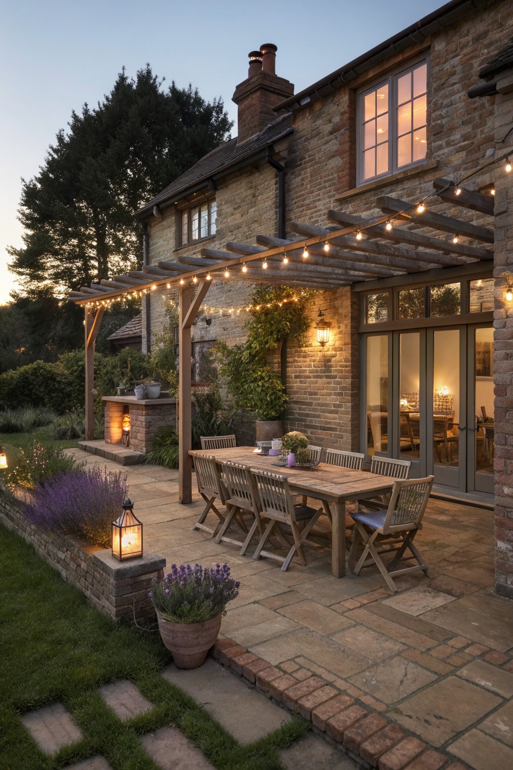 A brick house with a wooden pergola strung with lights over a long outdoor dining table on a stone patio, next to an outdoor fireplace and potted plants.