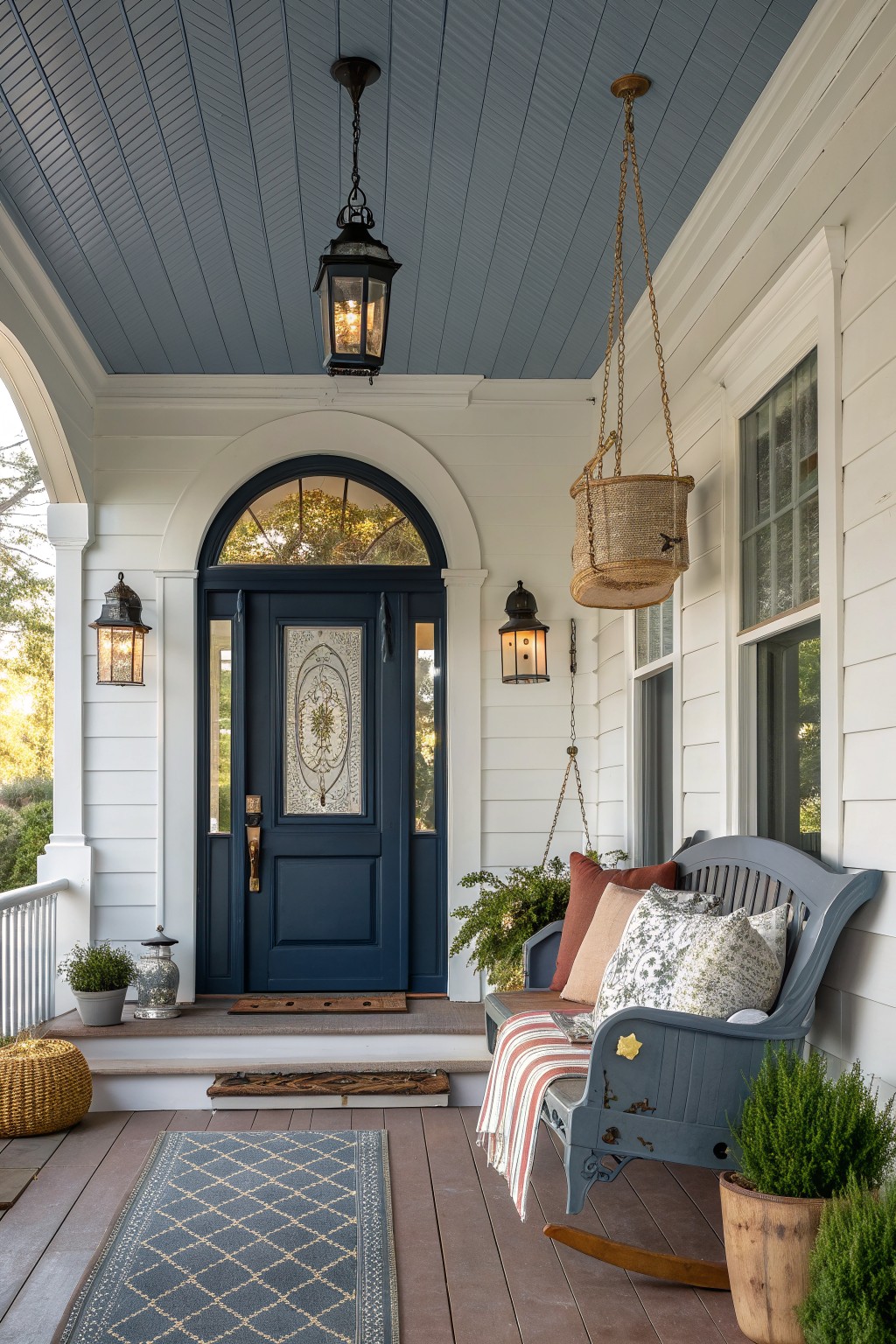 A front porch with a dark blue door under an arch, a gray wooden bench with cushions and a striped throw, hanging lanterns, and potted plants on a wooden deck.