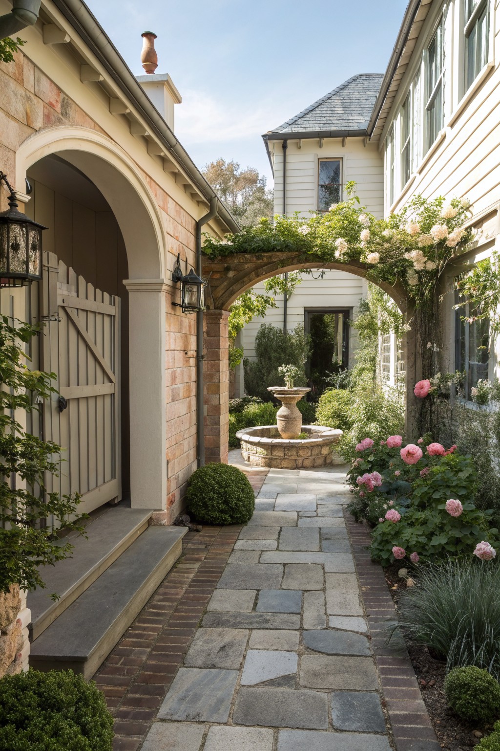 A stone pathway with brick edging runs beneath a rose-covered arch toward a stone fountain in front of a farmhouse.