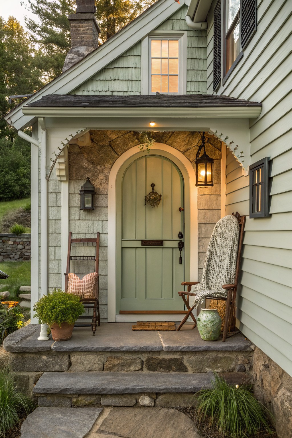 A light green front door centered in a stone arched entry on a pale green house, with a lantern, rocking chair, and stone steps leading up to the porch.