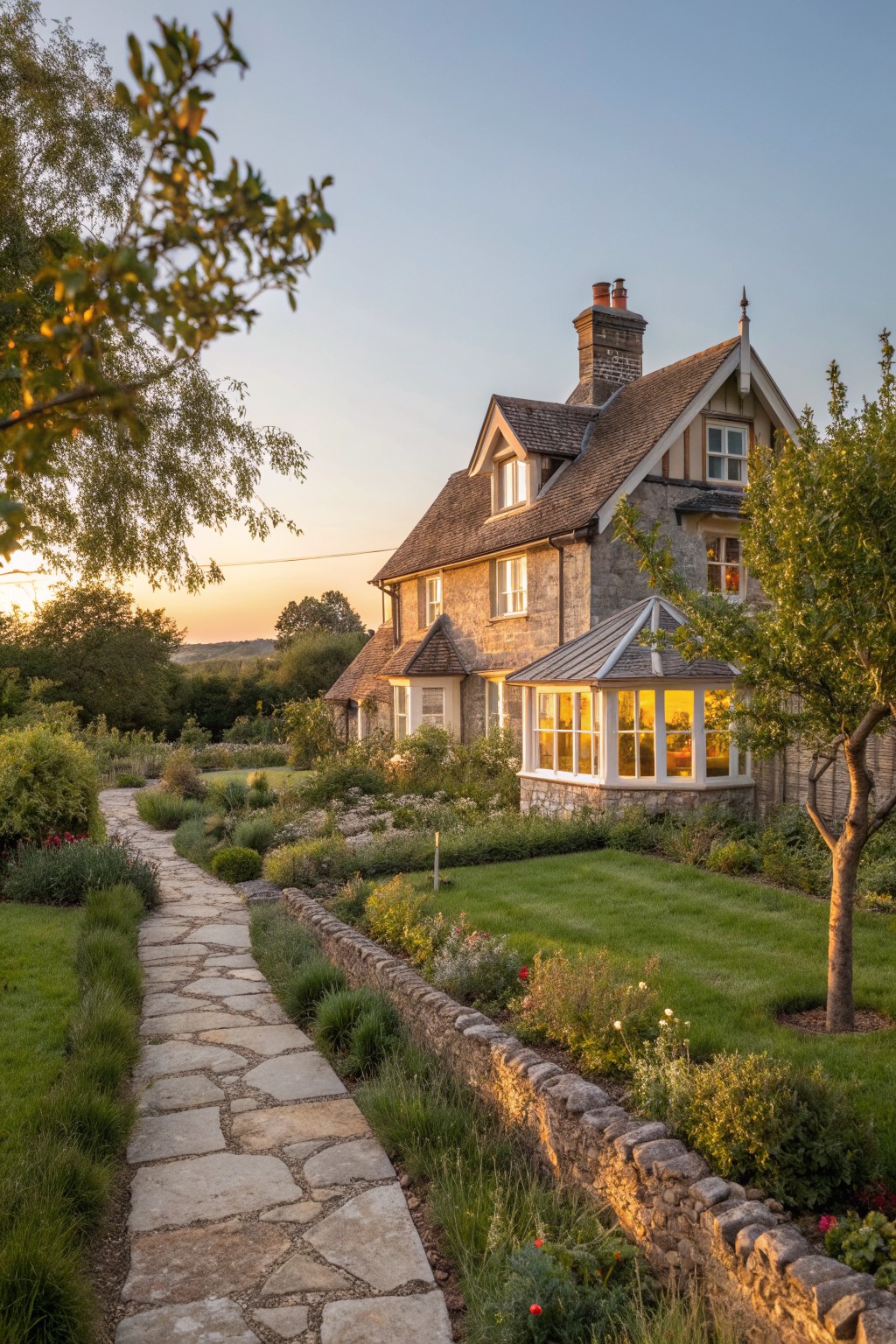 A stone Victorian farmhouse viewed from a winding flagstone path bordered by a low stone wall and garden beds at sunset.