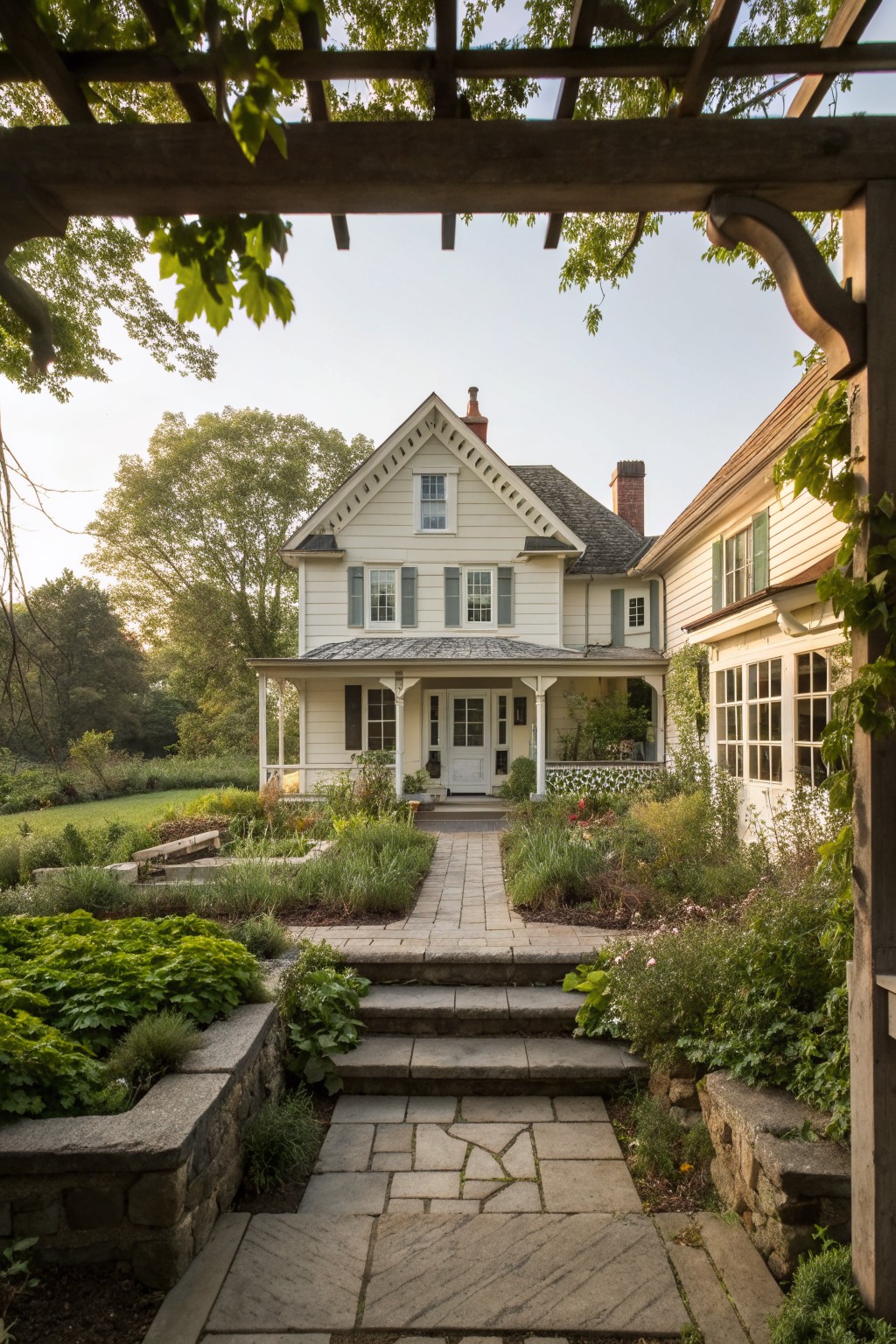 A white two-story Victorian farmhouse with a front porch and green shutters viewed along a stone pathway and steps bordered by garden beds.