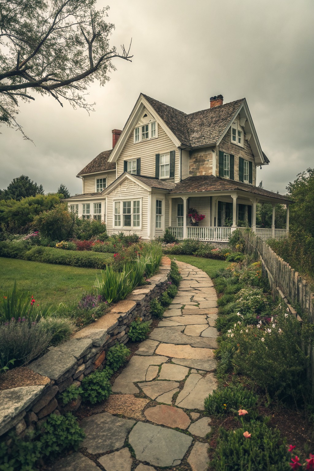 A two-story Victorian farmhouse exterior with a winding irregular stone path leading to the front porch, bordered by layered garden beds and a low stone retaining wall on the left.