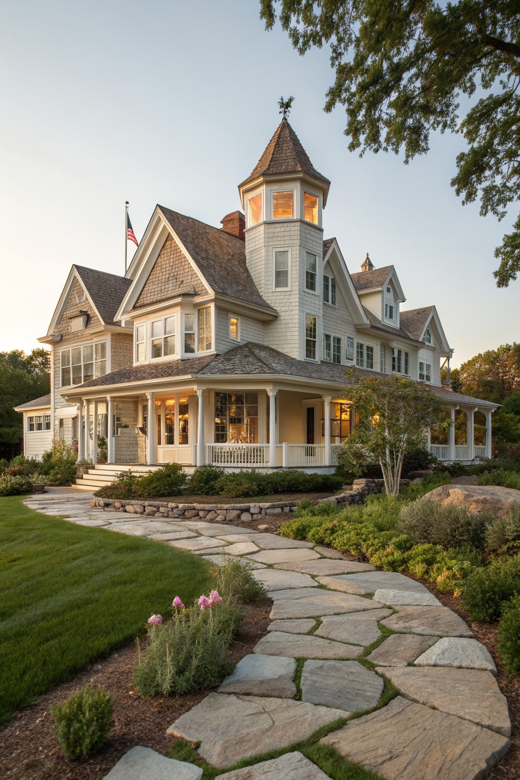 A white Victorian farmhouse with a central shingled turret, multiple gables, a wrap-around porch, and a winding stone path through the front garden.