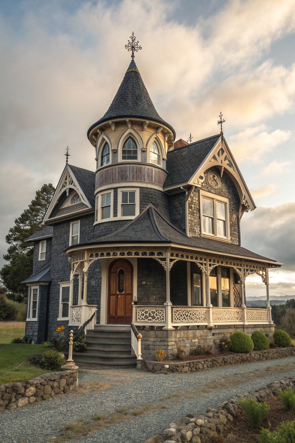 A Victorian farmhouse with a tall turret topped by a steep conical roof, a wrap-around porch with white railings, stone foundation, and dark shingle siding.