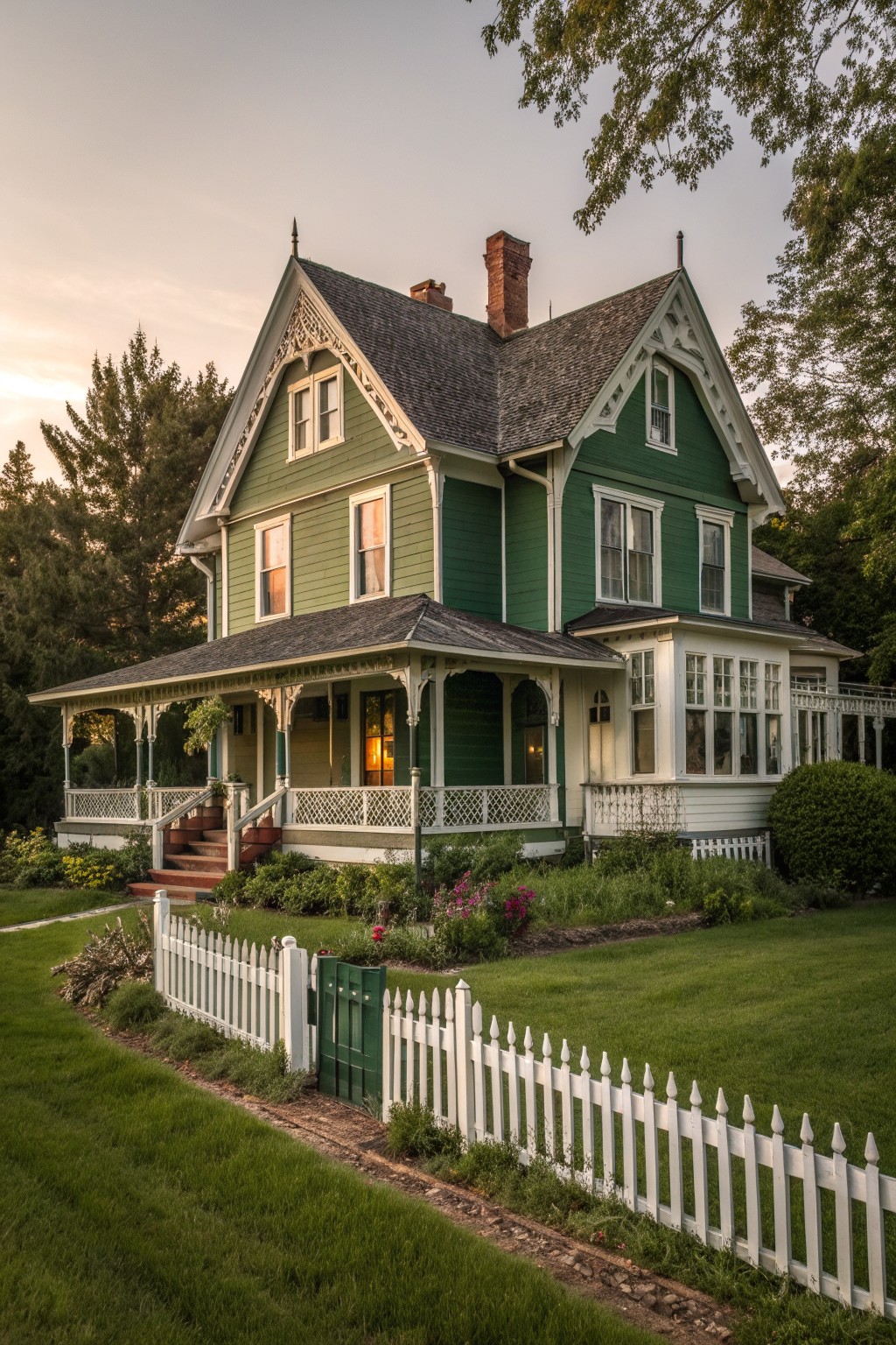 Green Victorian house with wraparound porch and white picket fence at dusk