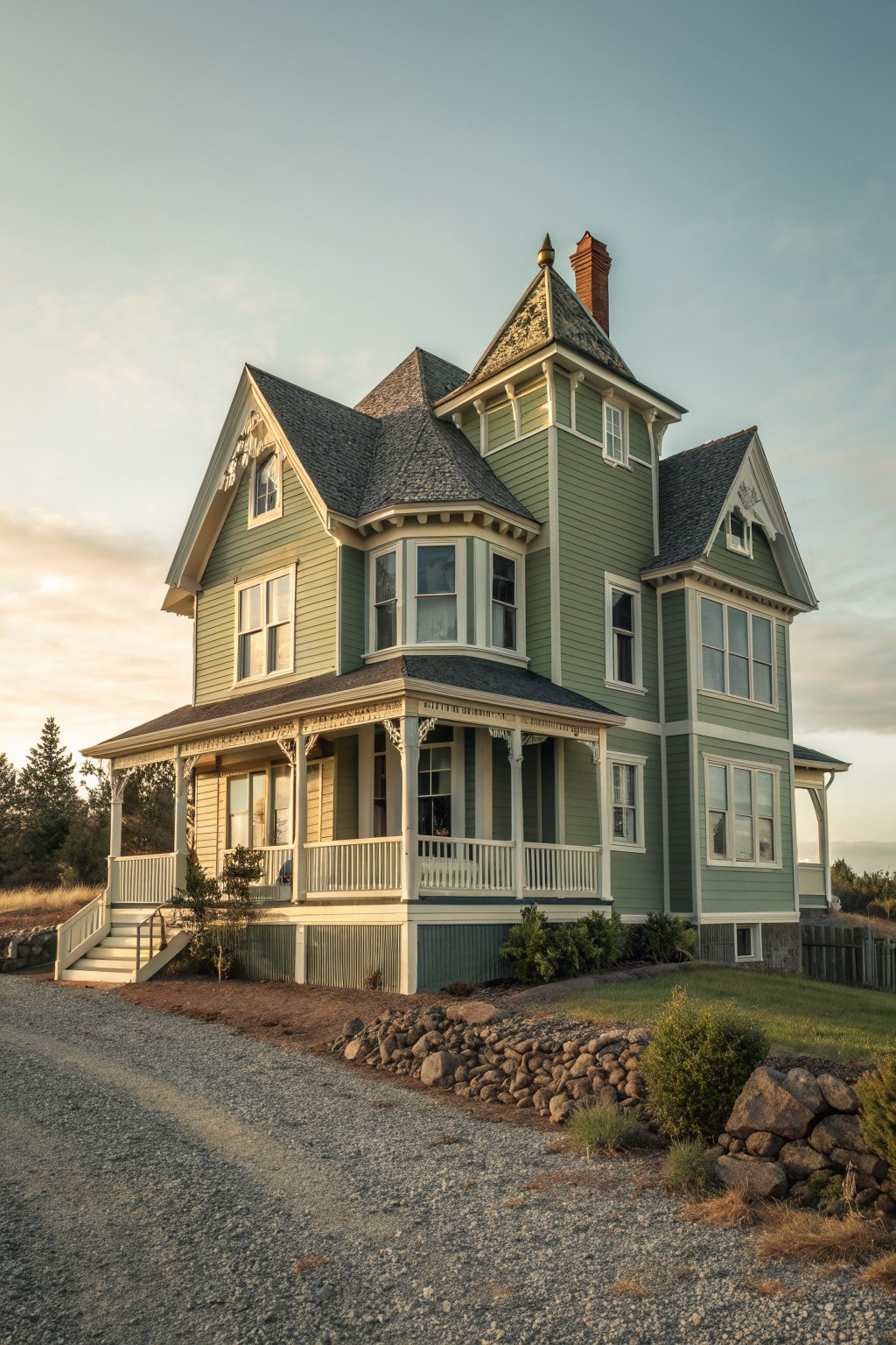 Green Victorian house with white trim, turret, and wraparound porch at sunset