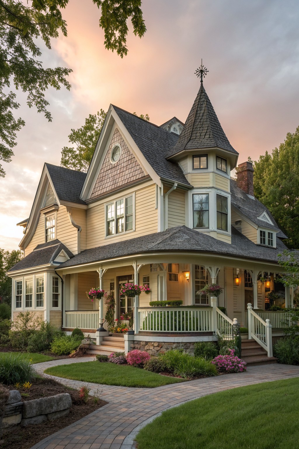A pale yellow Victorian farmhouse with dark gray roofing, a prominent turret topped with a weathervane, and a large wrap-around porch lined with white railings and flower boxes.