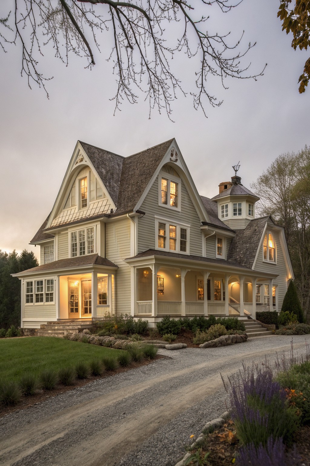 Elegant Victorian house with lit windows, wrap-around porch, and gravel driveway at dusk.