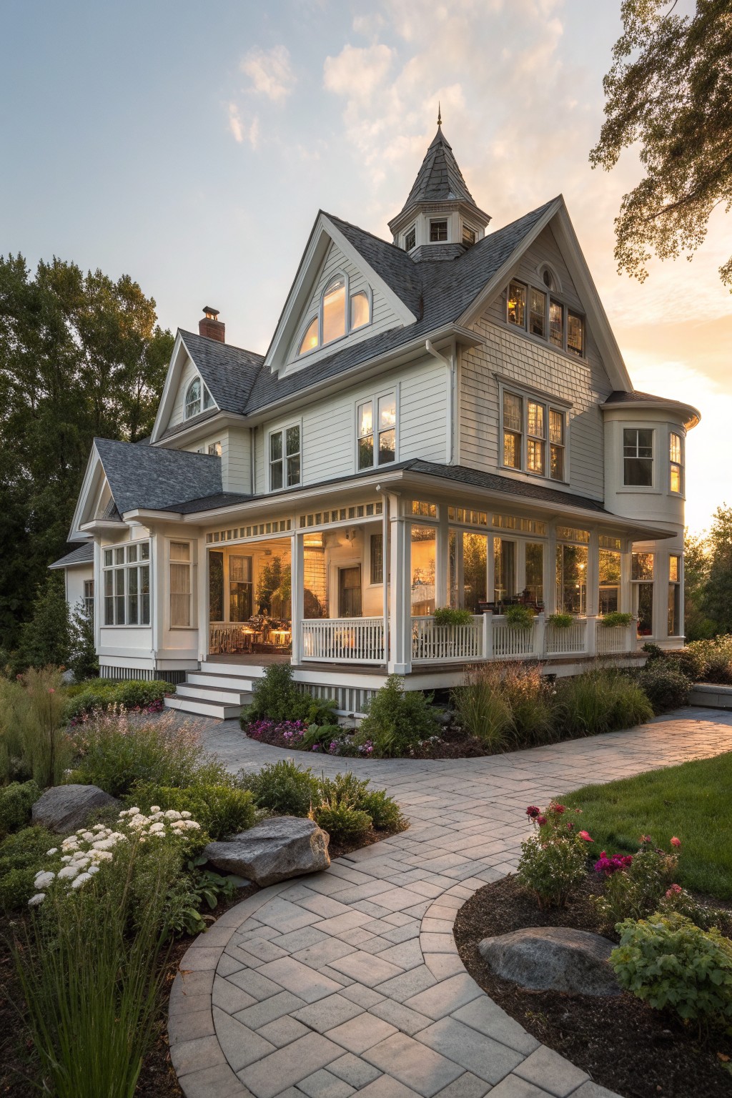 White Victorian house with turret, wrap-around porch, gardens, and stone path at sunset.