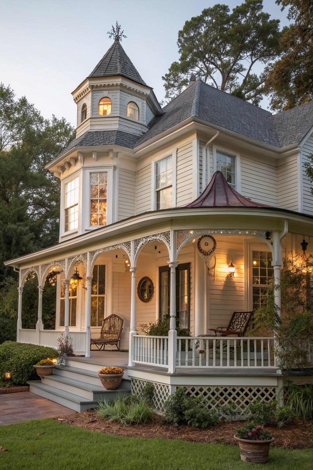 Ornate Victorian house with turret, wraparound porch, and glowing lights at dusk