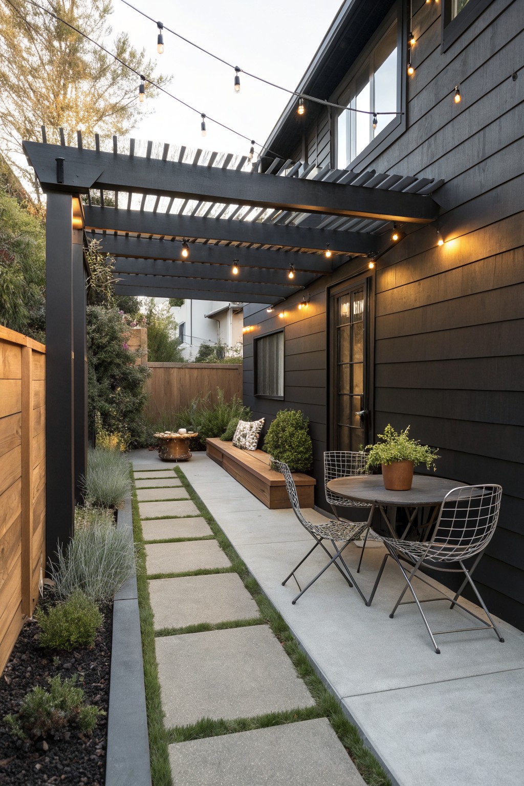 A black house exterior with a dark pergola over a concrete patio, string lights, wire chairs around a round table, a built-in bench, and a concrete paver path with grass strips.