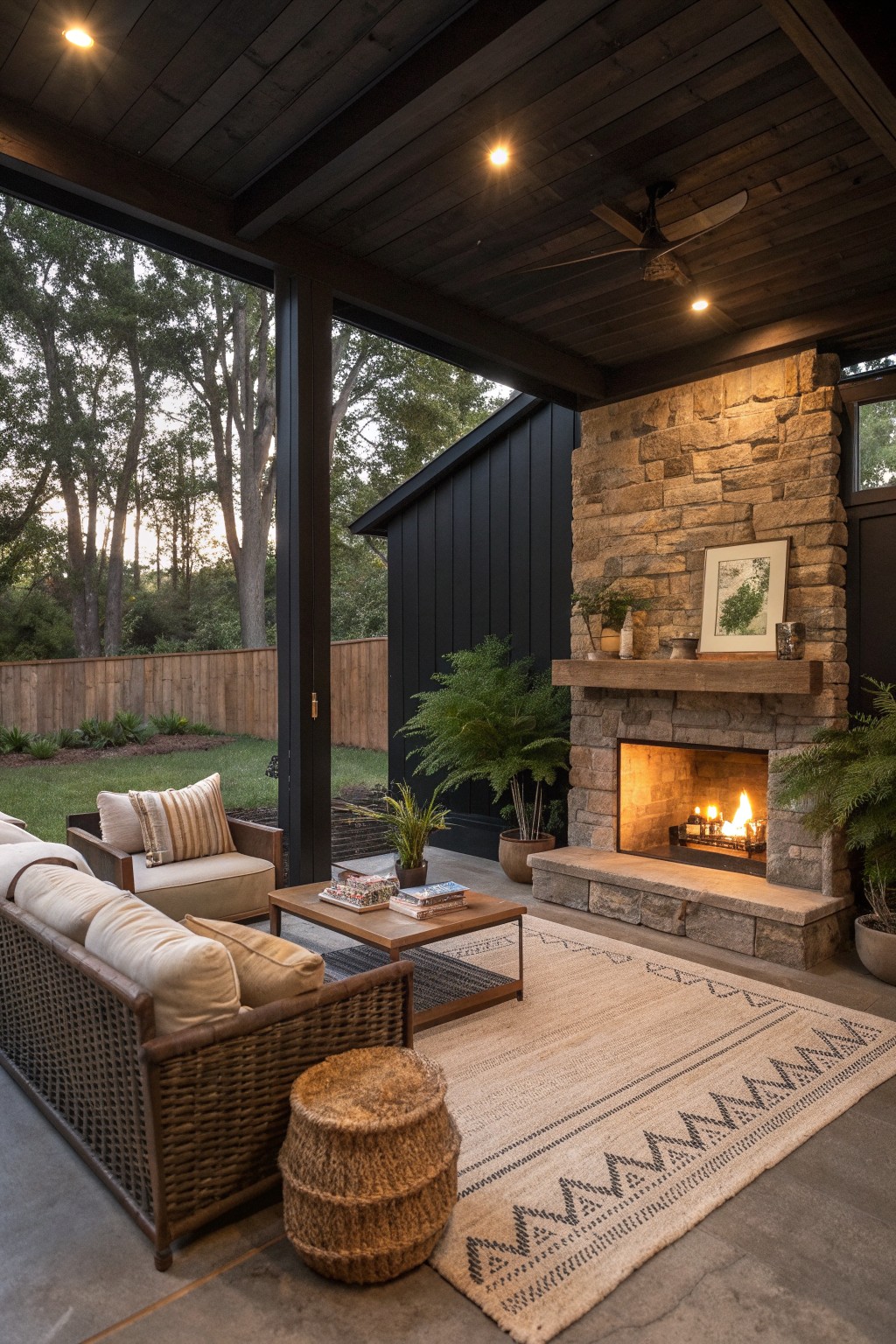 Covered porch with a large stone fireplace, wicker sofa, wooden coffee table, patterned rug, and potted plants beside a black house.