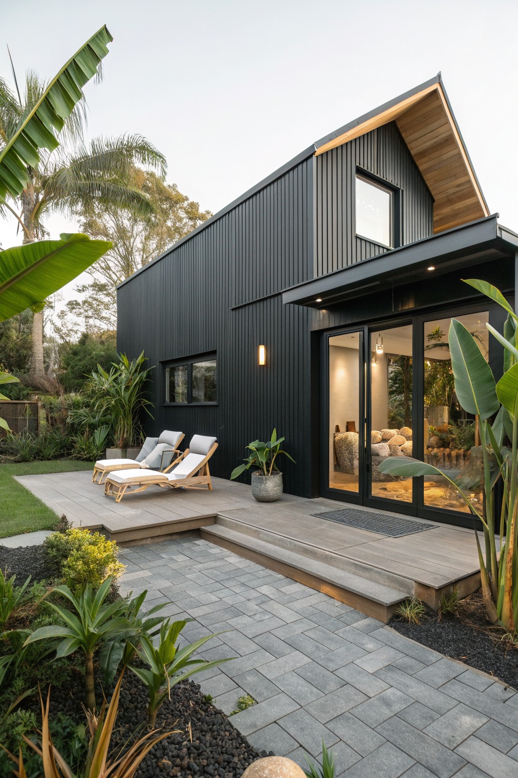 A small modern black barndominium with vertical siding, a gabled roof with wood accents, large glass doors, and an attached deck with two lounge chairs.