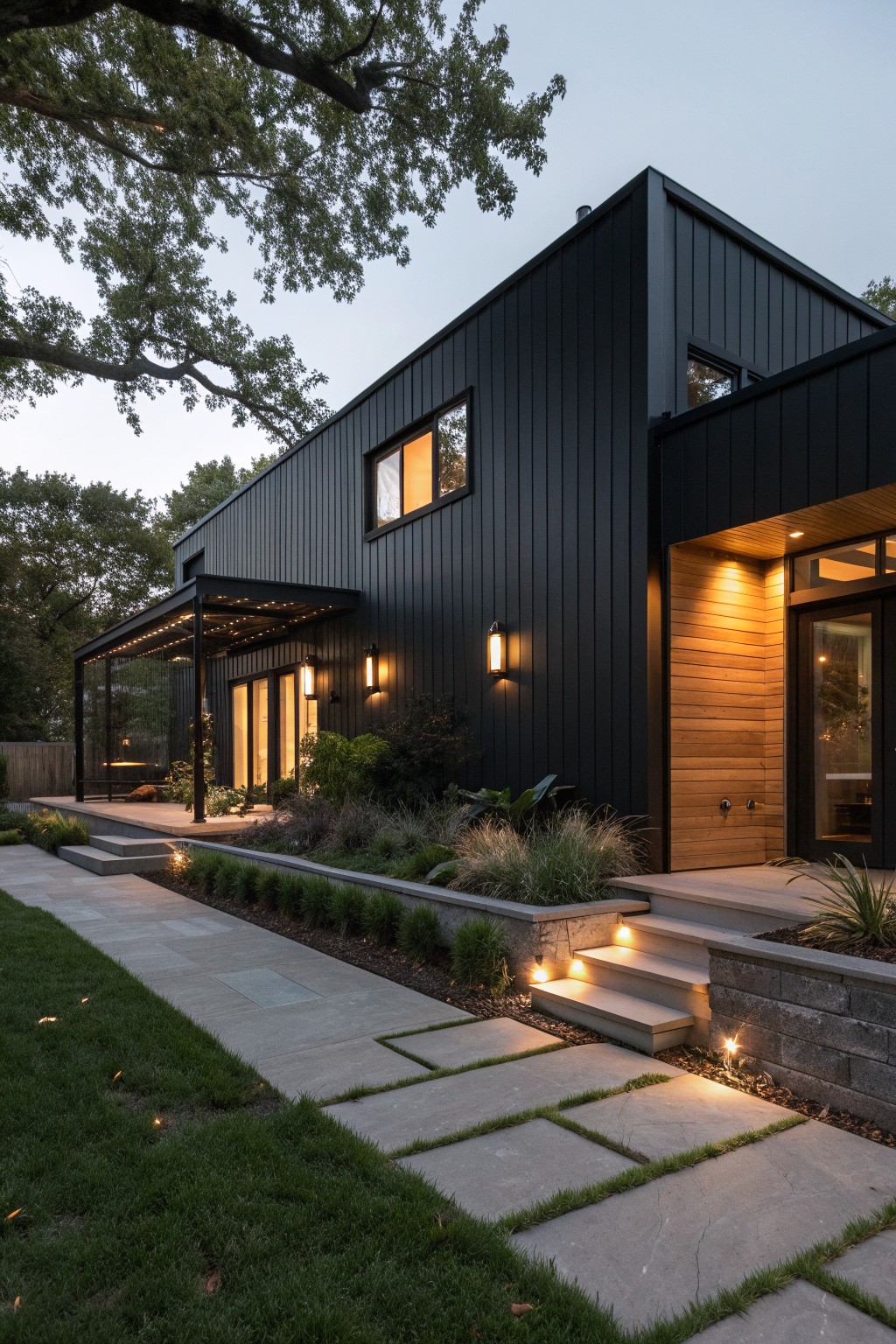 A modern black barndominium with vertical metal siding, wood accents at the entry, concrete steps, pathway lighting, and landscaping.