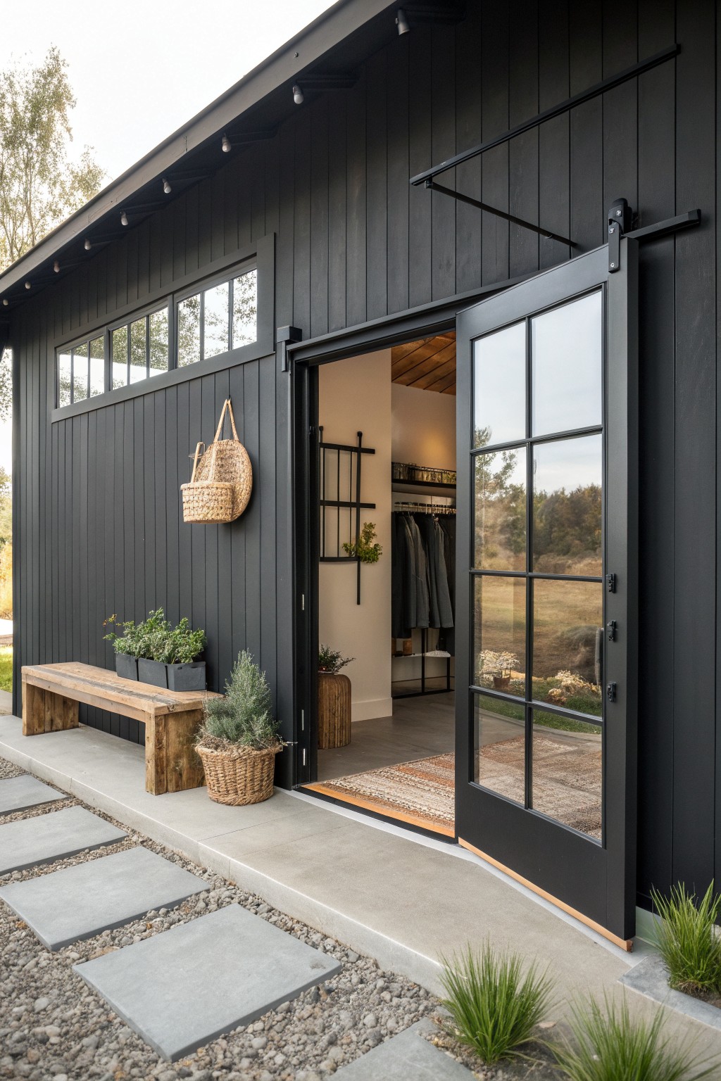 A black barndominium with vertical siding features a large open black-framed sliding glass door showing a light interior with hanging clothes and a patterned rug.