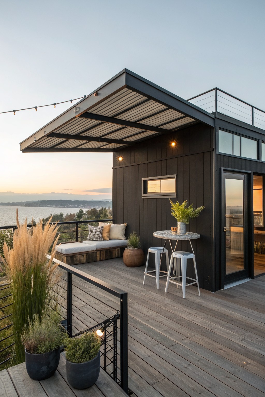 Modern dark cabin deck with bench, stools, plants overlooking water at dusk