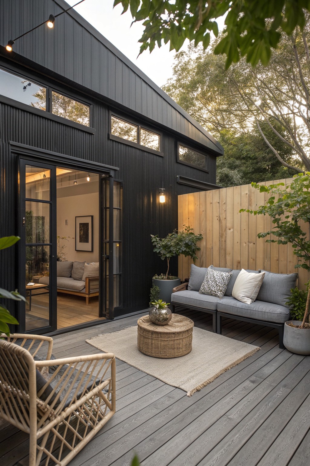 Black barndominium with open sliding doors onto a gray wooden deck featuring a gray sofa, woven rug, round coffee table, and wicker chair.