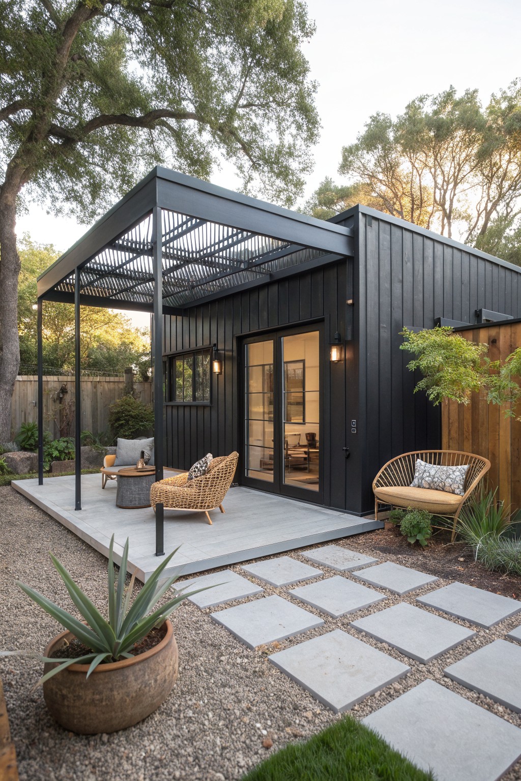 A small black barndominium with a metal shade structure over a patio that holds two woven chairs and a round table, with gray pavers leading across gravel.