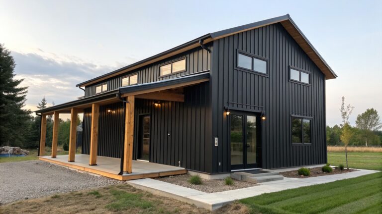 24 Creative Small Black Barndominium Ideas for a Stylish Compact Build A two-story black barndominium with vertical metal siding, a stone foundation on one side, a covered porch with wooden posts, and a gravel path leading to the entrance.