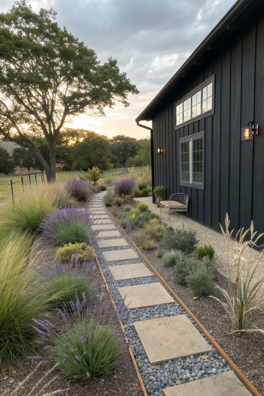 Stone path curves past black house through purple garden at sunset