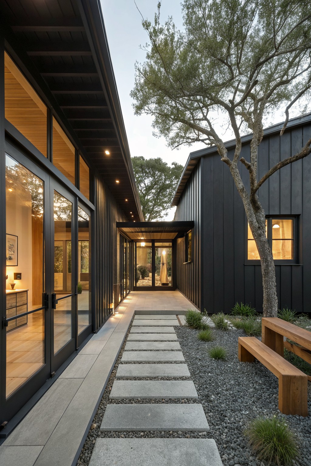 Modern black house with glass doors, stone path, wooden benches, and tree at dusk.