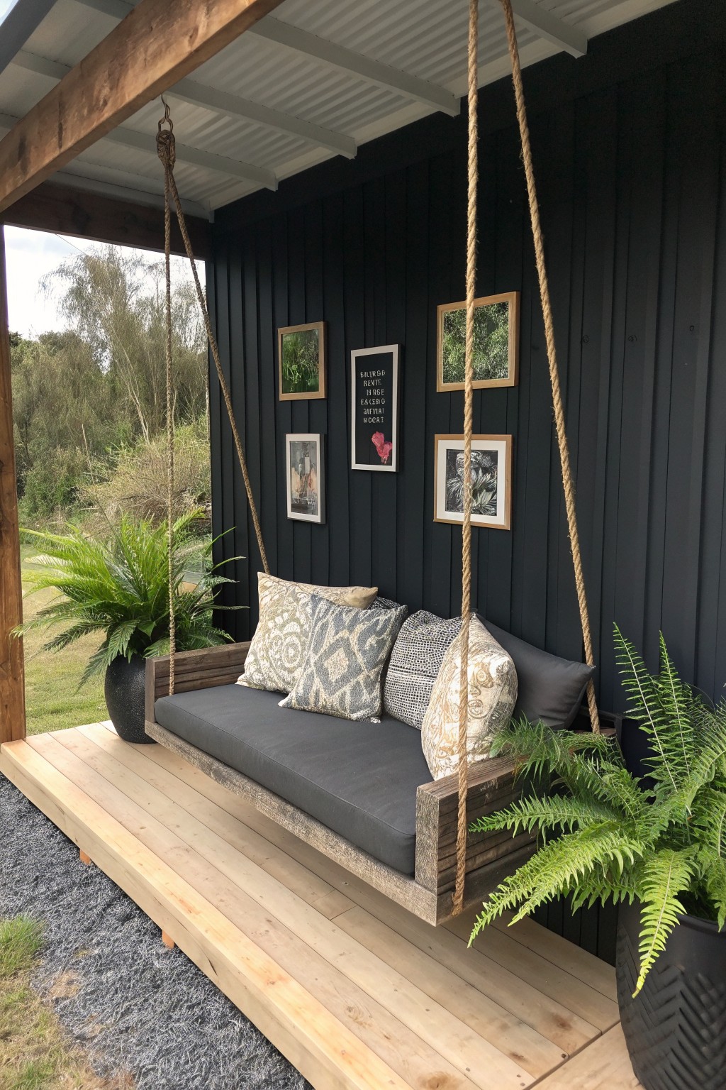 A wooden swing bench with gray cushions hangs by thick ropes from a covered porch with black vertical siding and potted ferns nearby.