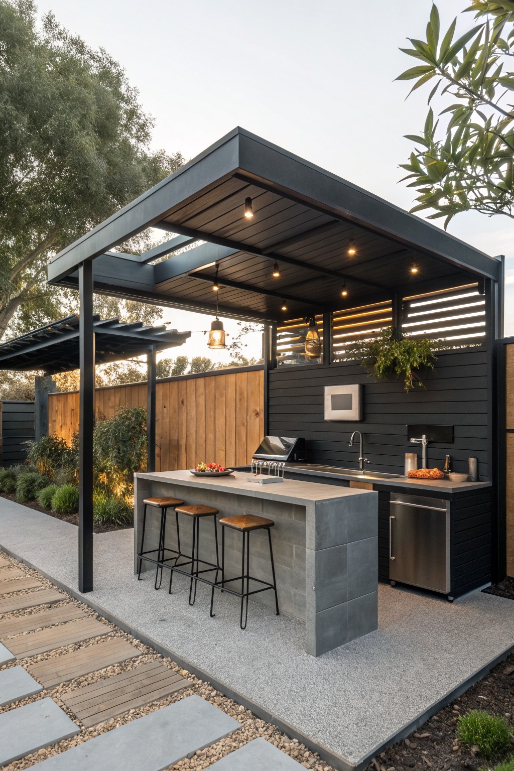 A modern outdoor kitchen with a concrete bar counter, three stools, black siding, and a covered roof structure in a residential backyard.