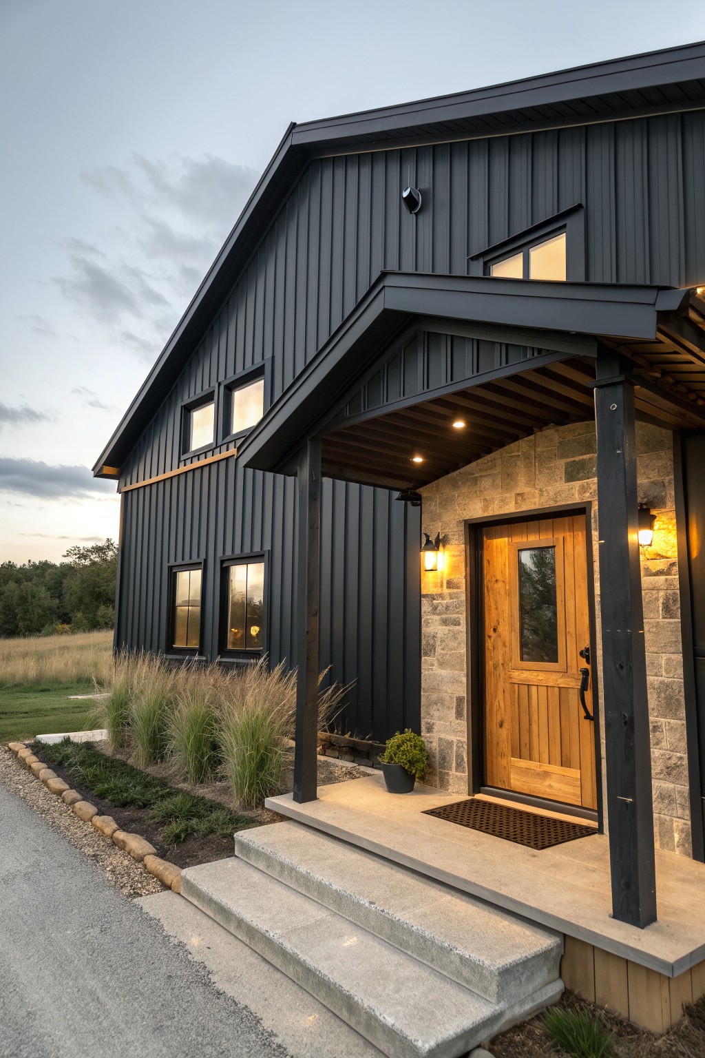 A small black barndominium with vertical metal siding, a wooden front door under a covered porch, and stone accents on the entry wall.